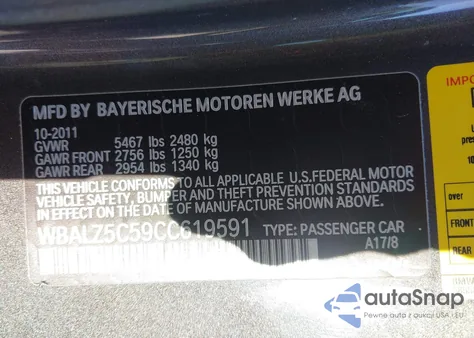 2012 BMW 650I xDrive z USA, uszkodzony, nr VIN WBALZ5C59CC619591